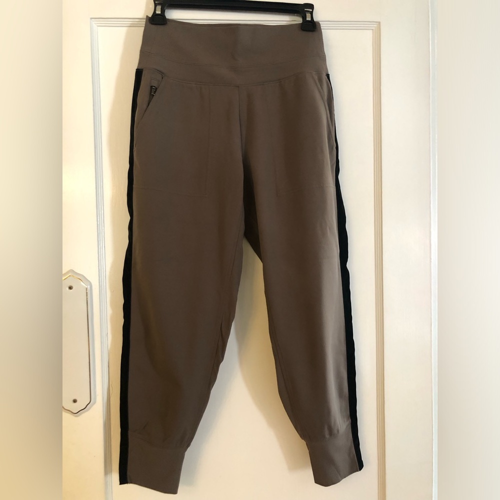 Athleta Taupe Jogger Pants with Black Side Stripe
